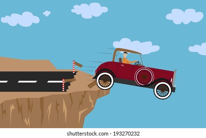 Illustration (vector) of a man in a car that is having a crash.