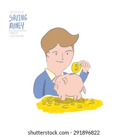 Illustration vector a man with a coin into a piggy bank for the future of his own. Drawing paint flat style.