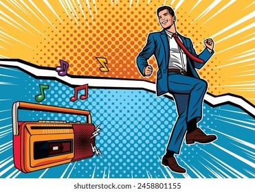 Illustration vector of man dancing with cassette radio
