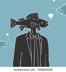 Illustration Vector Man With Fish Head Caricature