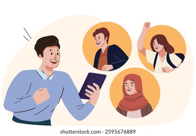Illustration vector man group video call with his friends