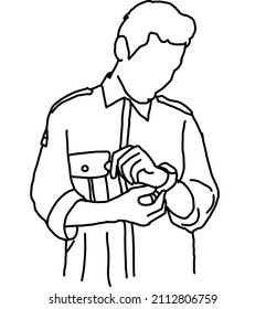 Illustrationsvektor eines Mannes, der eine Armbanduhr hält. Er trägt ein blaues Hemd.