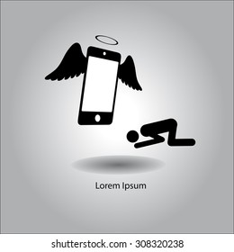 illustration vector man prostrate mobile phone as god, creative design.