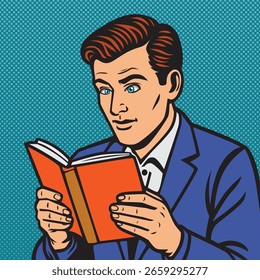 Illustrationsvektor eines Mannes liest ein Buch im Pop-Art-Stil