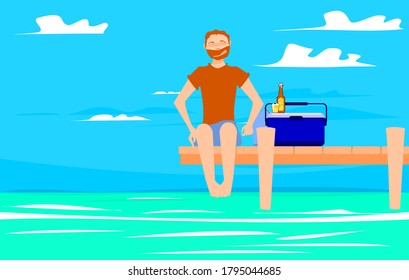 Illustration. Vector. Man sitting on a wooden bridge by the sea.
On holiday