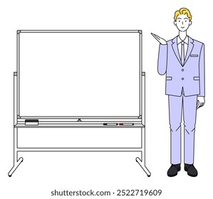 Vetor de ilustração de um homem em um terno de pé ao lado de um quadro branco e dando uma apresentação. vetor