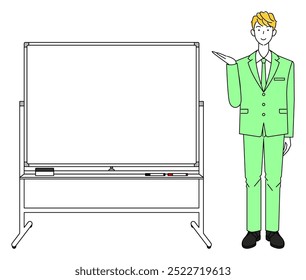 Vector de la ilustración de un hombre en un traje de pie junto a una pizarra y dando una presentación. Vector