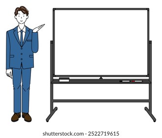 Illustration vector of a man in a suit standing next to a whiteboard and giving a presentation. vector