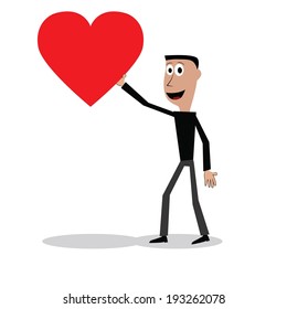 Illustration (vector) of a man that is holding a red heart.