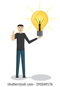 Illustration (vector) of a man that is holding a light bulb.