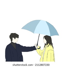 Illustration vector of a man trying to protect his woman from the heavy rain with a blue umbrella. Inspired by one of the famous Korean drama scenes.