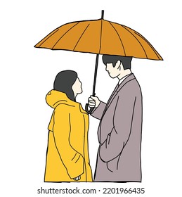 Illustration vector of a man trying to protect his woman from the heavy rain with an umbrella. Inspired by one of the famous Korean drama scenes.