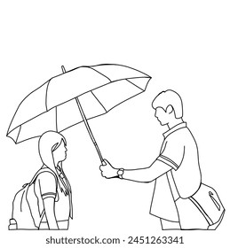 Illustration vector of a man trying to protect his woman from the heavy rain with an umbrella. Inspired by one of the famous Korean drama scenes.