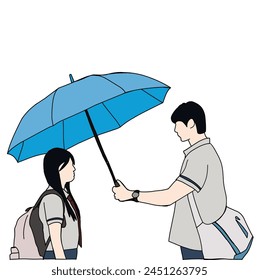 Illustration vector of a man trying to protect his woman from the heavy rain with an umbrella. Inspired by one of the famous Korean drama scenes.