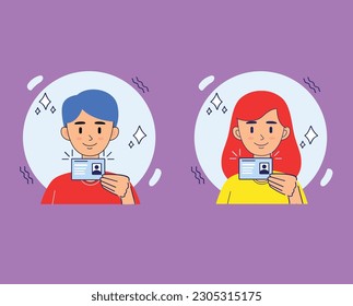 illustration vector of a man and woman taking a picture or selfie. take a photo of his own face and show an identity card. smile and style or pose. flat style. vector design-Ktp selfie