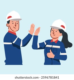 Illustration vector man worker with helmet high five