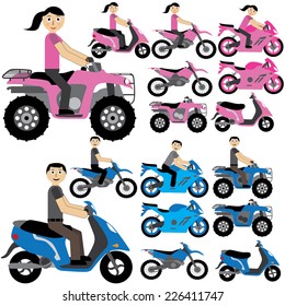 Illustration / vector. Many tips of motorcycles in blue and pink.