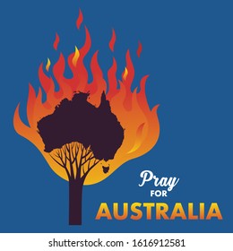 Illustration or vector of a map of Australia that is burning along with the silhouette of a tree.  A message to support Australia who are facing a forest fire. Pray for Australia.