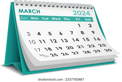 Illustration vector of  March 2024 Calendar isolated in white background, made in Adobe illustrator