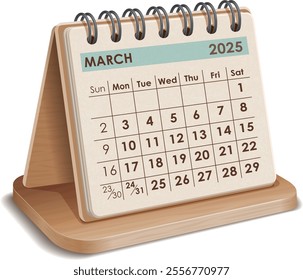 Illustration vector of March 2025 WOODEN and cardboard Calendar isolated in white background, made in Adobe illustrator