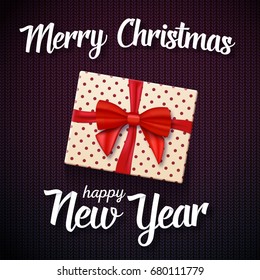 Illustration of Vector Marry Christmass Gift Card. Realistic Gift Box with Red Ribbon on top and Paper Lettering