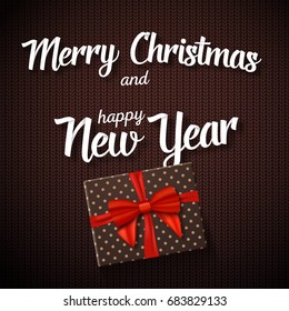 Illustration of Vector Marry Christmass Gift Card. Realistic Gift Box with Red Ribbon on top and Paper Lettering