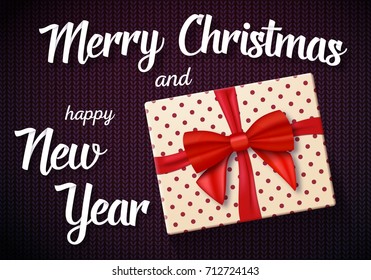 Illustration of Vector Marry Christmass Greeting Card. Realistic Gift Box with Red Ribbon on Kneeted Pattern Background