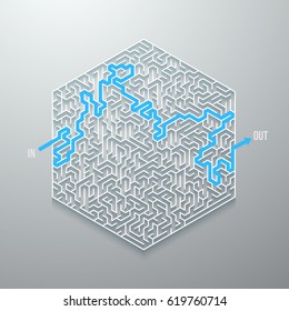 Illustration of Vector Maze Labyrinth. Antique Puzzle Game Pattern with Solution. Maze with Way In and Out