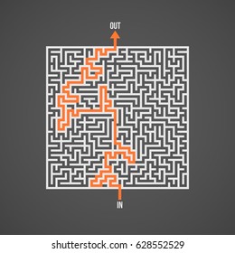 Illustration of Vector Maze Labyrinth. Antique Puzzle Game Pattern with Solution. Maze with Way In and Out