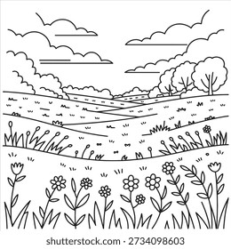 Vetor de ilustração de uma arte de desenho de linha de natureza de prado