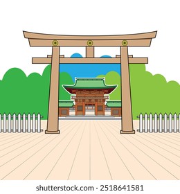 Vetor de ilustração da entrada do Santuário Meiji jingu através do famoso Santuário de Xintoísmo Torii portão em Tóquio Japão