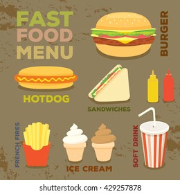 Illustration vector menu of fastfood drink and ice cream with gray brown background.Menu design.