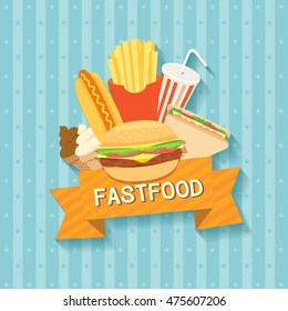 Illustration vector menu of fastfood group set decoration with ribbons design into logo, icon, symbol sign 
