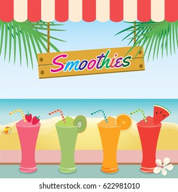 Illustration vector menu of smoothies summer on beach background.