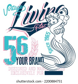 Illustration vector mermaid pin up with text and numbers, surf and tropical design