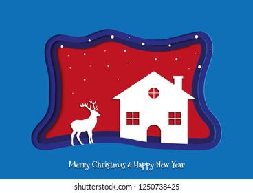 Illustration vector of Merry Christmas abstract paper cut of snow, house and deer. Vector colorful template greeting card in carving art style with Merry Christmas & Happy New Year text.