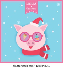 Illustration vector of Merry Christmas card design with pig put on sunglasses  santa hat and scarf on snow background.