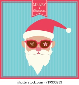 Illustration vector of Merry  Christmas card design with hipster santa claus  put on sunglasses and hat on stripe background