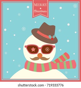 Illustration vector of Merry  Christmas card design with hipster snowman put on sunglasses  hat and scarf on snow background.