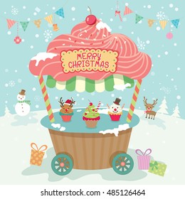 Illustration vector of merry christmas cupcake push cart booth kiosk with ornament on snow background party.Pastel color cute style.