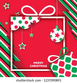 Illustration vector of Merry Christmas design with pattern on red background.