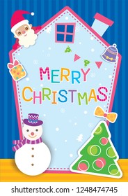 Illustration vector of Merry Christmas design with santa claus, snowman, Christmas tree on house shape template.