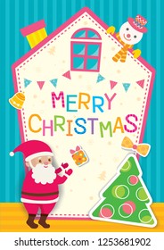 Illustration vector of Merry Christmas design with santa claus, snowman, Christmas tree on house shape template.