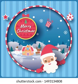 Illustration vector of Merry Christmas design with santa claus and house background on paper style
