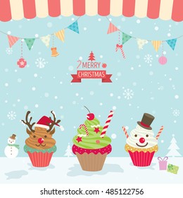 Illustration vector of merry christmas element cupcake for bakery cafe poster  party with  snow background.