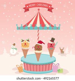 Illustration vector of merry christmas element ice-cream cone decoration with merry go round  party on pink  snow background.