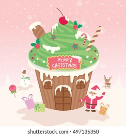 Illustration vector of merry christmas element cupcake decoration for party on snow pink background.