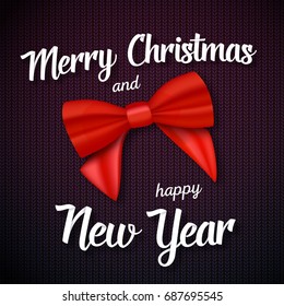 Illustration of Vector Merry Christmas Greeting Card. Realistic Red Ribbon with Merry Christmas and Happy New Year Paper Lettering