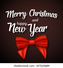 Illustration of Vector Merry Christmas Greeting Card. Realistic Red Ribbon with Merry Christmas and Happy New Year Paper Lettering