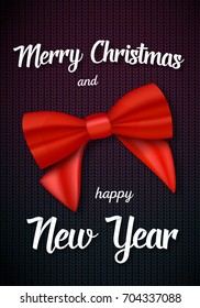 Illustration of Vector Merry Christmas Greeting Card. Realistic Red Ribbon with Paper Lettering on Kneeted Pattern Background